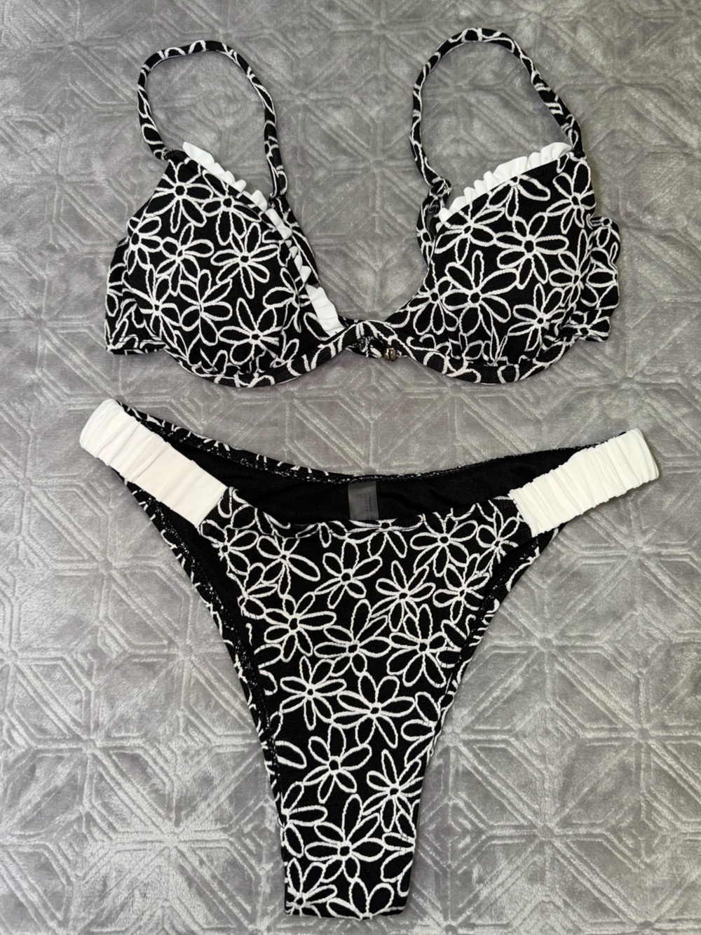 SHEIN Black & White Floral Embroidered Bikini Set